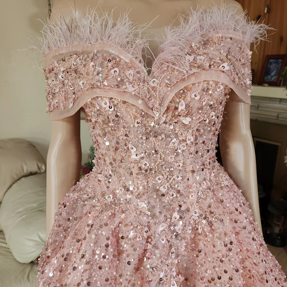 Dreamy Pink Heart-Sequined & Pearl Ball Gown Feathered & Corseted